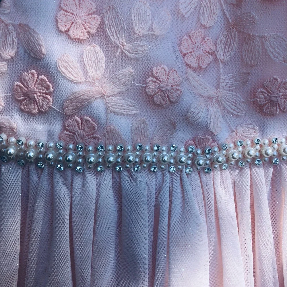 American Princess Light Pink Floral Pearl-Trim Tulle Dress